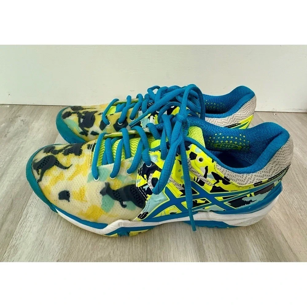 ASICS Gel Tennis Shoes Women Size 7 Australia Koala Kangaroo Print Blue Yellow